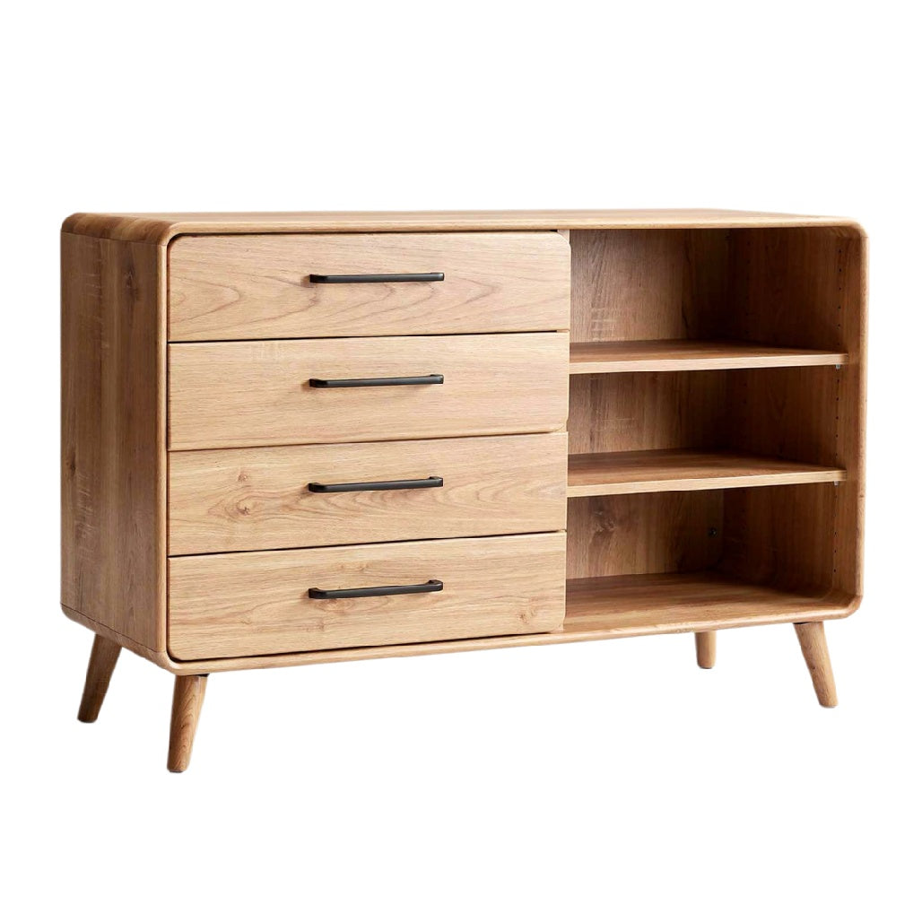 Moderne houten kast met 3 lades en open planken