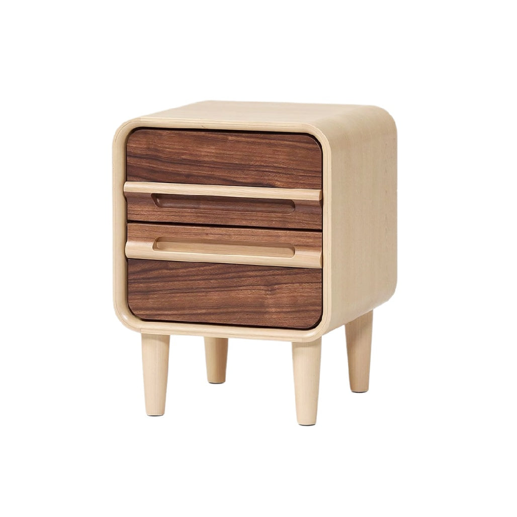 **Moderne Nachttafel met Houten Lades en Ronde Hoeken**